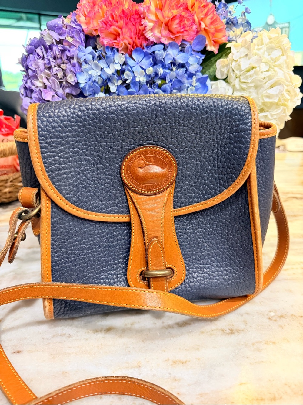 Vintage Dooney & Bourke All Weather Leather Crossbody Navy British Tan USA